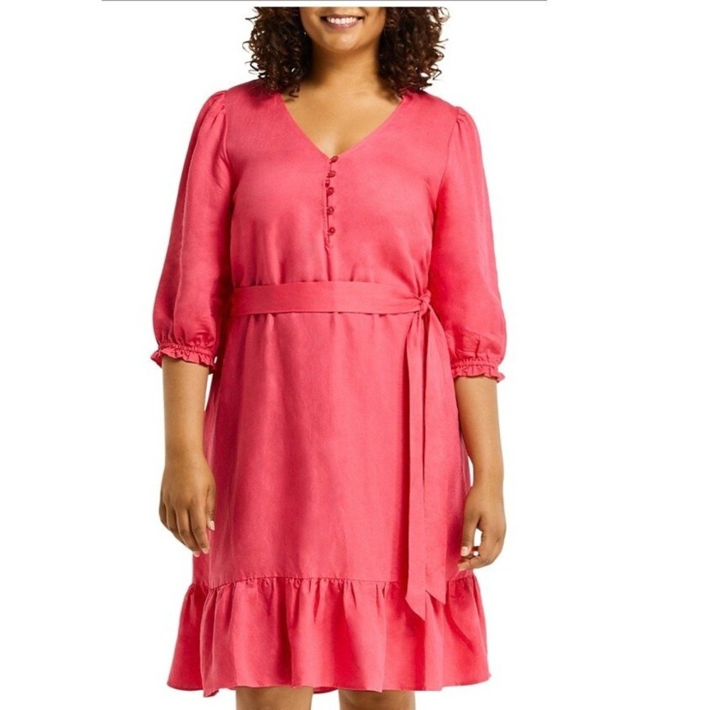 ESTELLE Eleanor Belted Linen Blend Dress In Watermelon Size 2X Hot Pink A006787